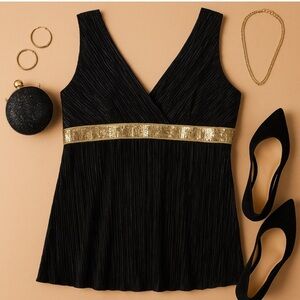 Vintage 90s Black Crinkle Pleated Gold Sequin Waist Tank Top 2X Made in USA